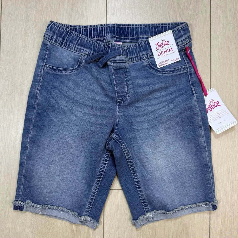 NWT‎ Size 14 Justice Girls Denim Bermuda Shorts Slim Pull On Stretch Medium Wash